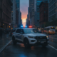 White police SUV with flashing red and blue lights on a city street at dusk, pedestrians with umbrellas nearby.