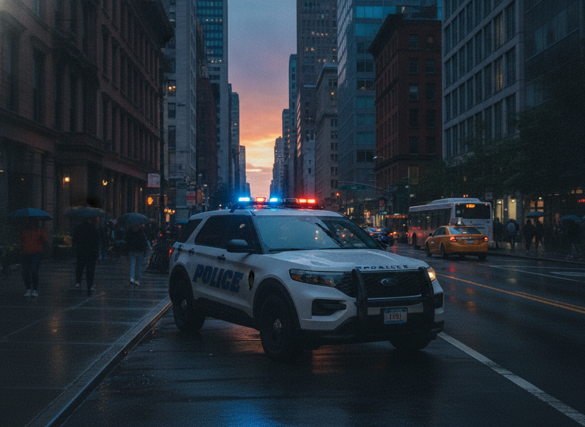 White police SUV with flashing red and blue lights on a city street at dusk, pedestrians with umbrellas nearby.