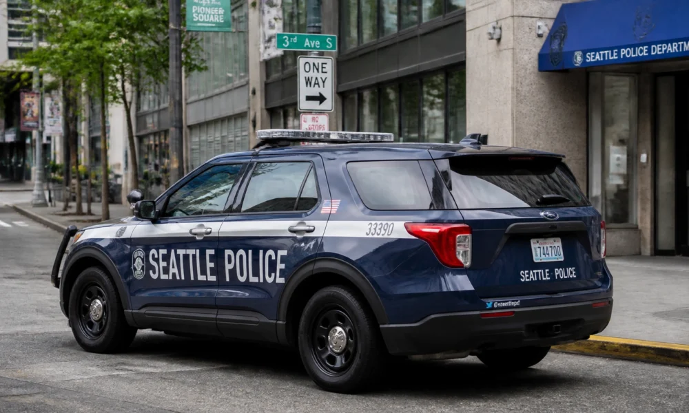 Seattle Police Department SUV parked on a city street with buildings and green trees in the background, text 'SEATTLE POLICE' visible on the side side of the vehicle