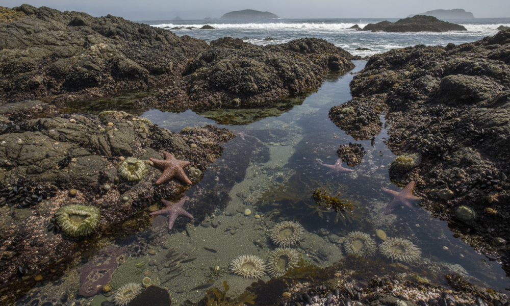 Tide pool among rocky shoreline with starfish and sea urchins visible in clear water, ocean waves in the background.