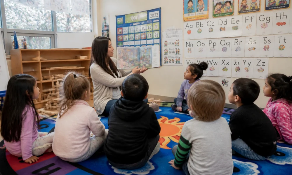 Teacher reads a illustrated story to a circle of young students on a colorful carpet in a bright classroom.