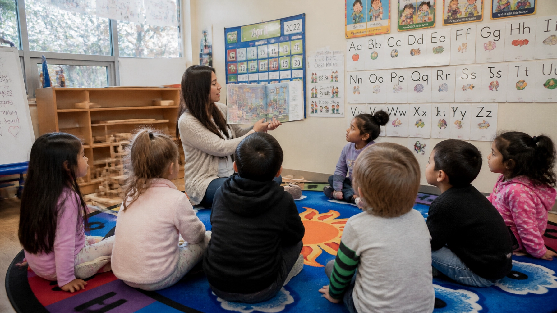 Teacher reads a illustrated story to a circle of young students on a colorful carpet in a bright classroom.