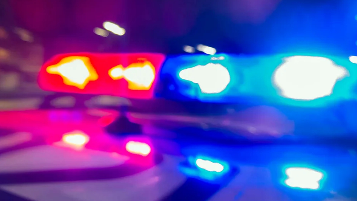 Blurred red and blue emergency vehicle lights flashing, suggesting a police car at night