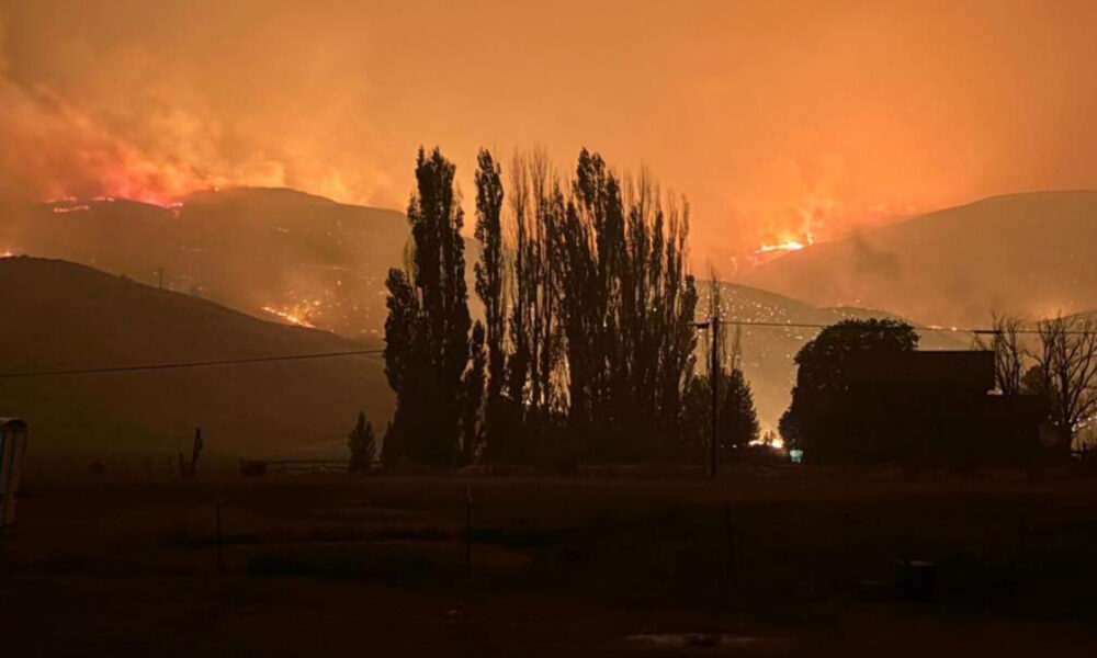A wildfire burning across hills at sunset, with orange sky and smoke behind tall trees in a rural landscape.