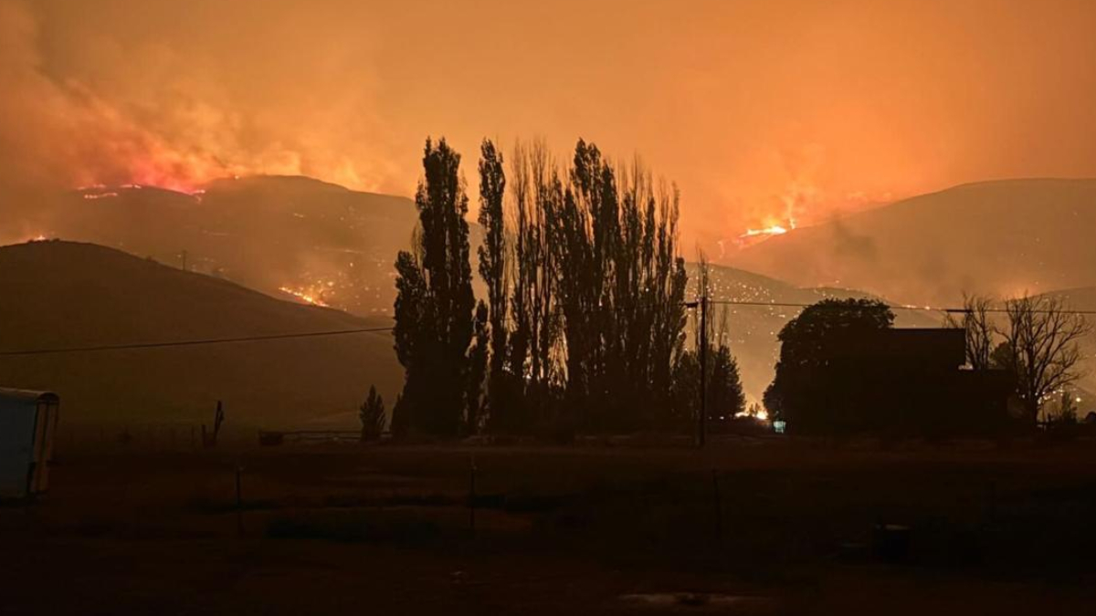 A wildfire burning across hills at sunset, with orange sky and smoke behind tall trees in a rural landscape.