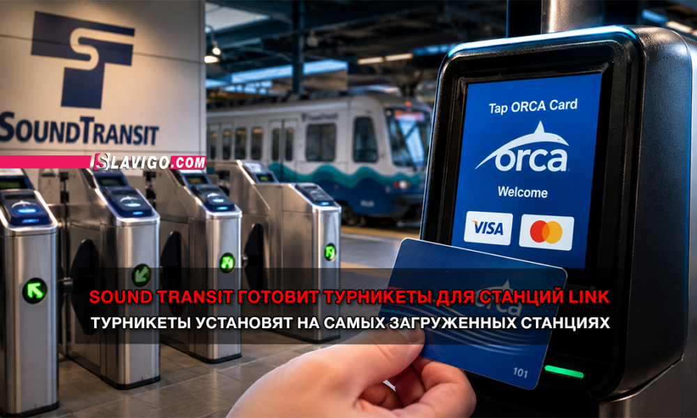 Person tapping an ORCA card on a fare reader at a Sound Transit station gate, with a train in the background.