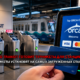 Person tapping an ORCA card on a fare reader at a Sound Transit station gate, with a train in the background.