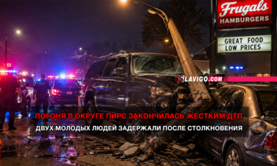 Nighttime crash scene: a damaged SUV with a toppled utility pole leaning on it, police cars flashing in the background and a storefront sign nearby.