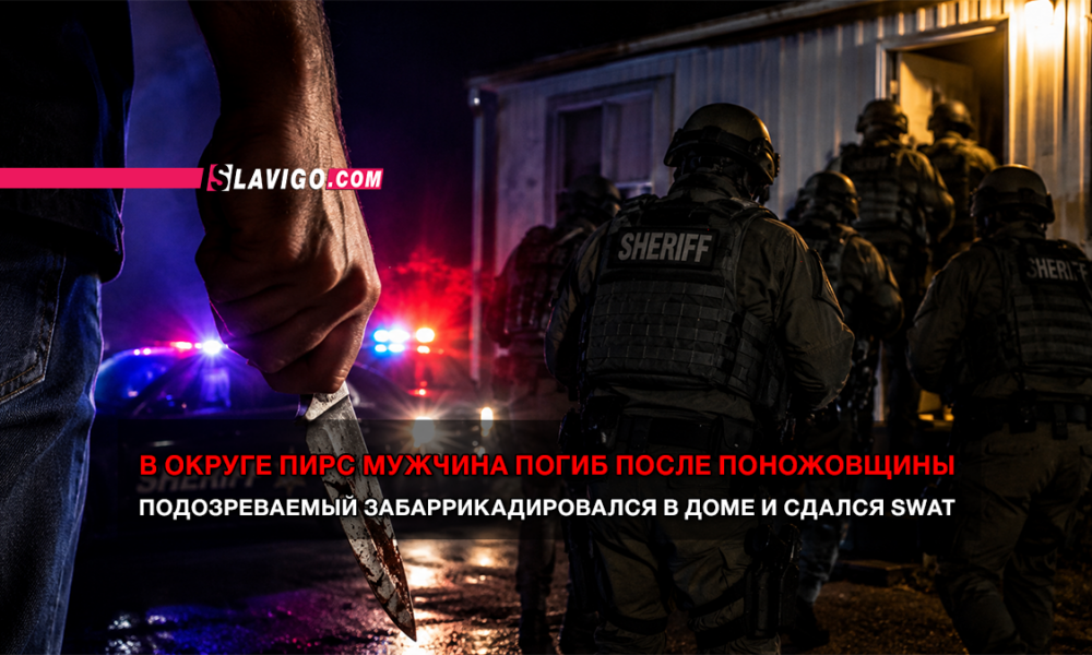Night-time scene with sheriff's deputies outside a house; a man holding a knife appears in the foreground as police lights glow in back. Headline in Russian reports a man killed after a stabbing and a barricaded suspect surrendering to SWAT.