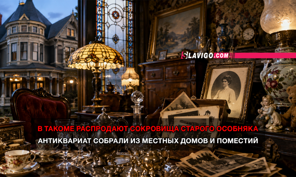 Interior of a cluttered antique-filled parlor with wooden furniture, portraits, and glassware; banner headline about selling old manor treasures.