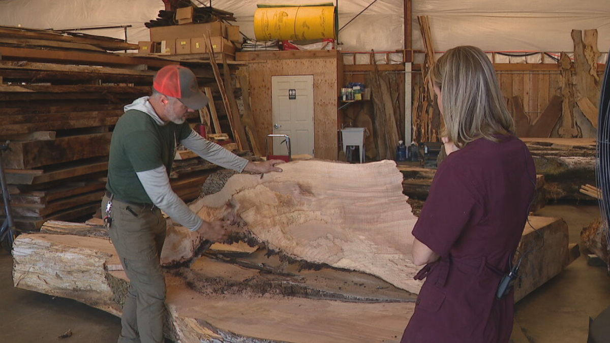 Two people in a woodworking shop examine a large, curved wooden slab with exposed grain on a work table behind them in a cluttered workshop edge.