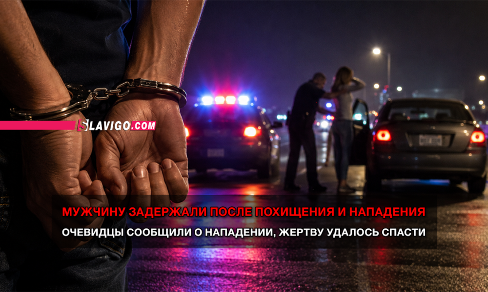 Man in handcuffs at a nighttime roadblock, with police cars flashing lights and a couple near a car in the background; article about arrest after kidnapping and assault.