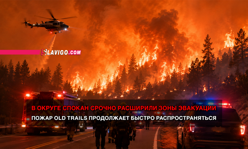 Firefighters and a helicopter battle a wildfire at night; bold Russian headline about evacuation zones expanding and the Old Trails fire spreading