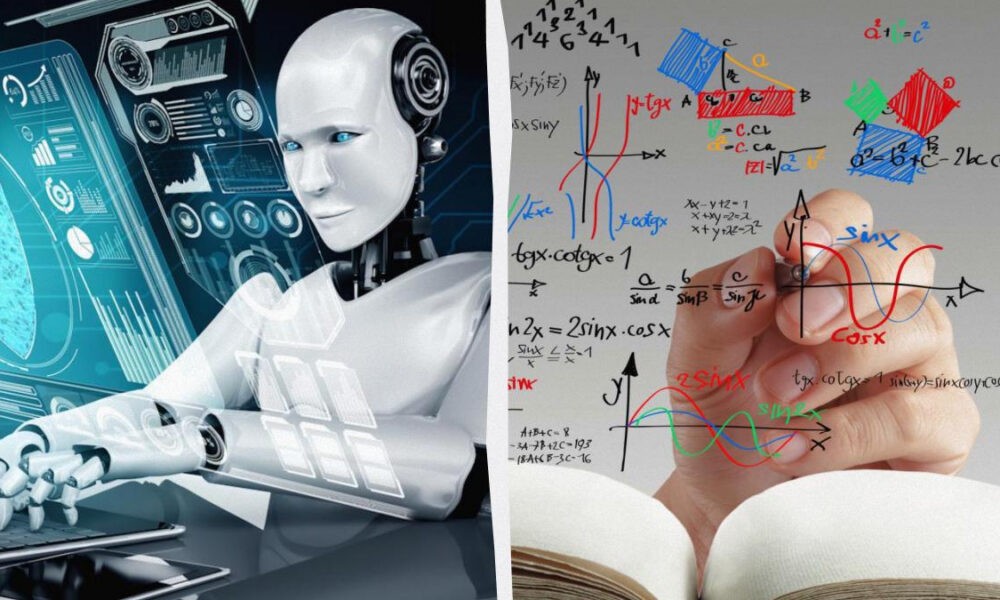 Left: humanoid robot with holographic interfaces; right: hand writing colorful math equations on a glass board in front of a notebook.