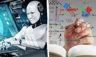 Left: humanoid robot with holographic interfaces; right: hand writing colorful math equations on a glass board in front of a notebook.