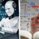 Left: humanoid robot with holographic interfaces; right: hand writing colorful math equations on a glass board in front of a notebook.