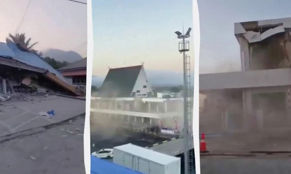 Triptych of disaster damage: left collapsed building and rubble, center dust-filled area with a tall tower, right a damaged concrete building with a broken roof.