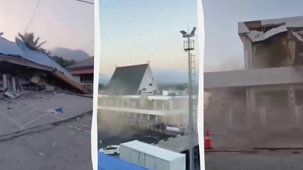 Triptych of disaster damage: left collapsed building and rubble, center dust-filled area with a tall tower, right a damaged concrete building with a broken roof.