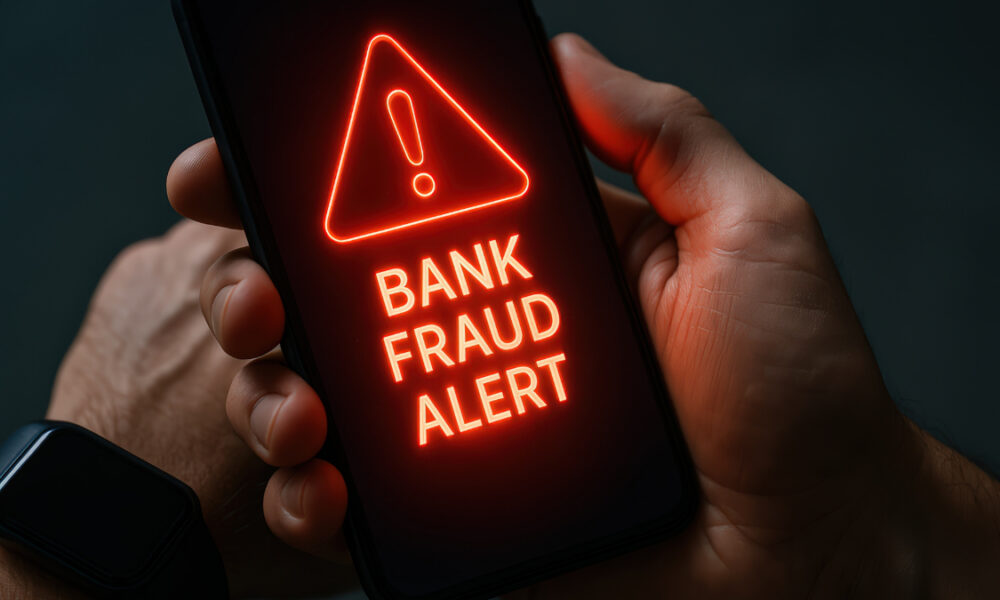 Smartphone screen glows red with a neon warning: 'BANK FRAUD ALERT', held by a hand with a smartwatch visible on the wrist.