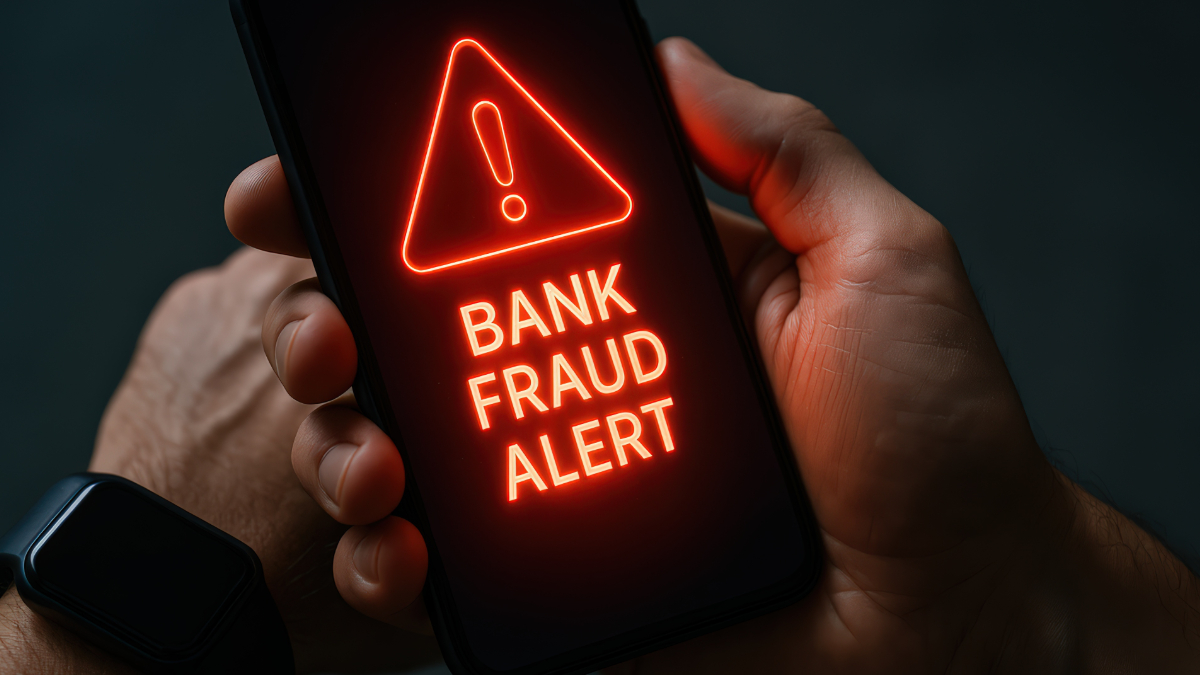Smartphone screen glows red with a neon warning: 'BANK FRAUD ALERT', held by a hand with a smartwatch visible on the wrist.