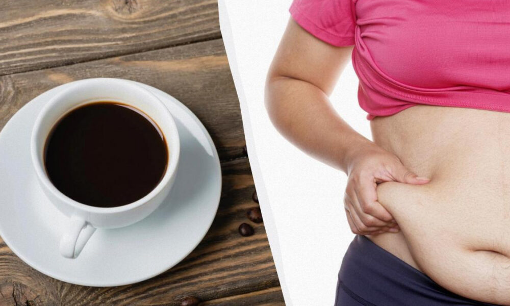 Two-panel image: a white cup of black coffee on a wooden table beside a person in a pink top pinching belly fat, highlighting diet and weight concerns.
