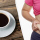 Two-panel image: a white cup of black coffee on a wooden table beside a person in a pink top pinching belly fat, highlighting diet and weight concerns.