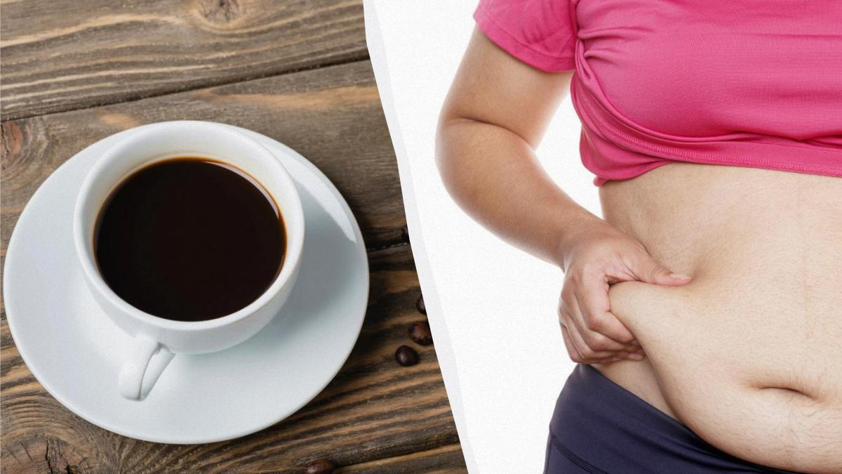 Two-panel image: a white cup of black coffee on a wooden table beside a person in a pink top pinching belly fat, highlighting diet and weight concerns.
