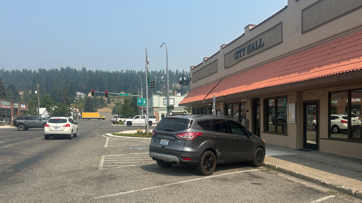 City street view in front of a beige City Hall with red awning; a gray SUV is parked in a diagonal handicap space by the storefronts in the foreground.