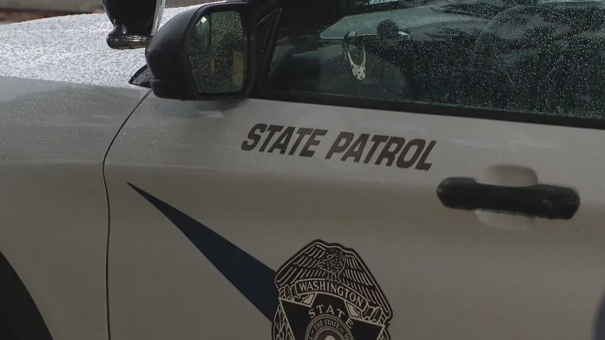 Washington State Patrol vehicle side with 'STATE PATROL' text and official badge emblem on the door
