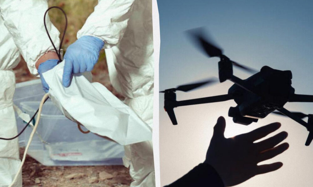 Left: person in hazmat suit handling a bag; right: hand releasing a quadcopter drone at dusk sky.