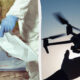 Left: person in hazmat suit handling a bag; right: hand releasing a quadcopter drone at dusk sky.