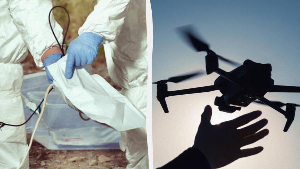 Left: person in hazmat suit handling a bag; right: hand releasing a quadcopter drone at dusk sky.