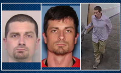 Triptych of a man: two mugshots on the left and center showing a man with dark hair and stubble, and a full-body shot on the right of him walking in a lavender shirt and khaki pants.