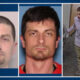 Triptych of a man: two mugshots on the left and center showing a man with dark hair and stubble, and a full-body shot on the right of him walking in a lavender shirt and khaki pants.