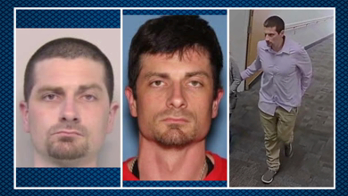 Triptych of a man: two mugshots on the left and center showing a man with dark hair and stubble, and a full-body shot on the right of him walking in a lavender shirt and khaki pants.