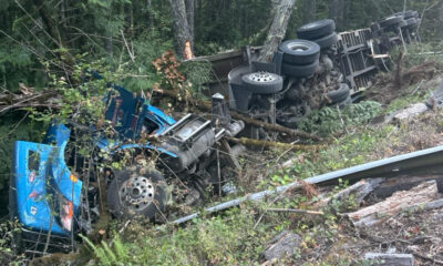 Blue semi-truck overturned on a forested hillside, with wheels and undercarriage visible among brush and debris (accident scene).