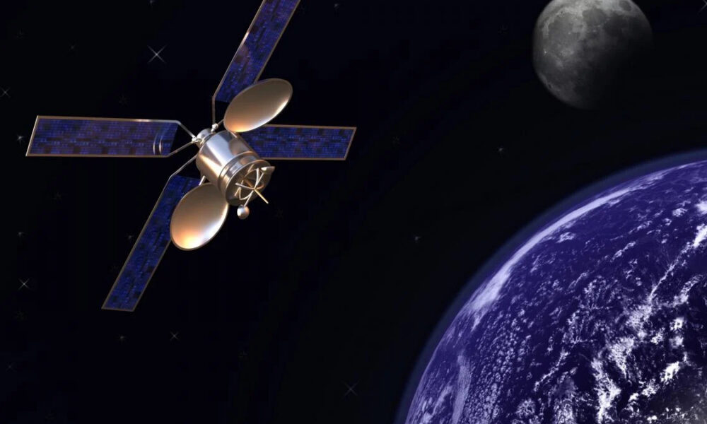 Satellite with blue solar panels orbiting Earth, Moon visible in the distance in space setting.