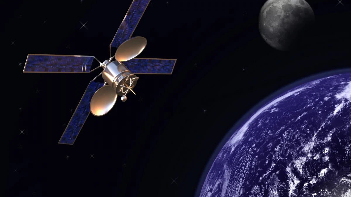 Satellite with blue solar panels orbiting Earth, Moon visible in the distance in space setting.