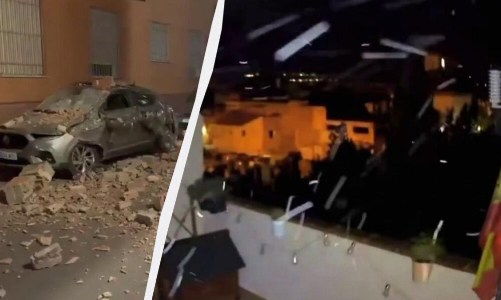 Split-screen: left shows a damaged sedan with bricks scattered on the ground after a collapse; right shows a nighttime scene with a crowd and debris in the air outside buildings.
