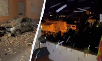 Split-screen: left shows a damaged sedan with bricks scattered on the ground after a collapse; right shows a nighttime scene with a crowd and debris in the air outside buildings.