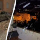 Split-screen: left shows a damaged sedan with bricks scattered on the ground after a collapse; right shows a nighttime scene with a crowd and debris in the air outside buildings.