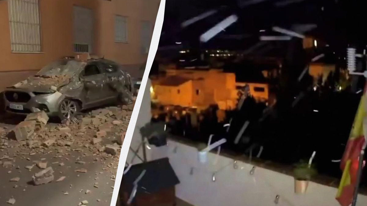 Split-screen: left shows a damaged sedan with bricks scattered on the ground after a collapse; right shows a nighttime scene with a crowd and debris in the air outside buildings.