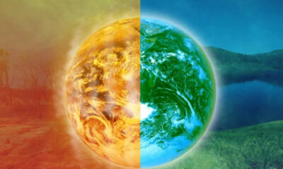 Earth split in orange-warmed left and blue-green right, symbolizing climate change against a landscape background.