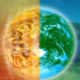 Earth split in orange-warmed left and blue-green right, symbolizing climate change against a landscape background.