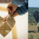 Two-panel collage: a hand places four square grid-patterned tiles on the left, and an African elephant stands in a grassy savannah on the right.