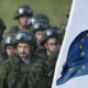 Group of armed soldiers in camouflage on the left, with a waving European Union flag on the right.