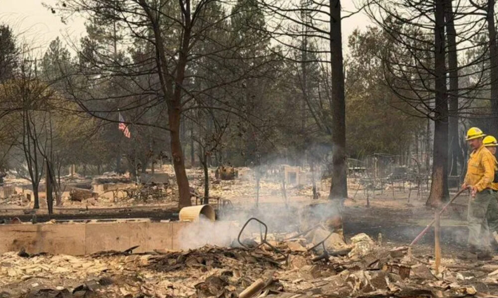 Firefighters in yellow gear work through a burned, rubble-strewn landscape with smoke drifting through charred trees in the background.