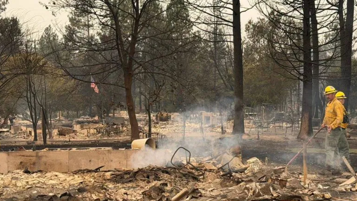 Firefighters in yellow gear work through a burned, rubble-strewn landscape with smoke drifting through charred trees in the background.