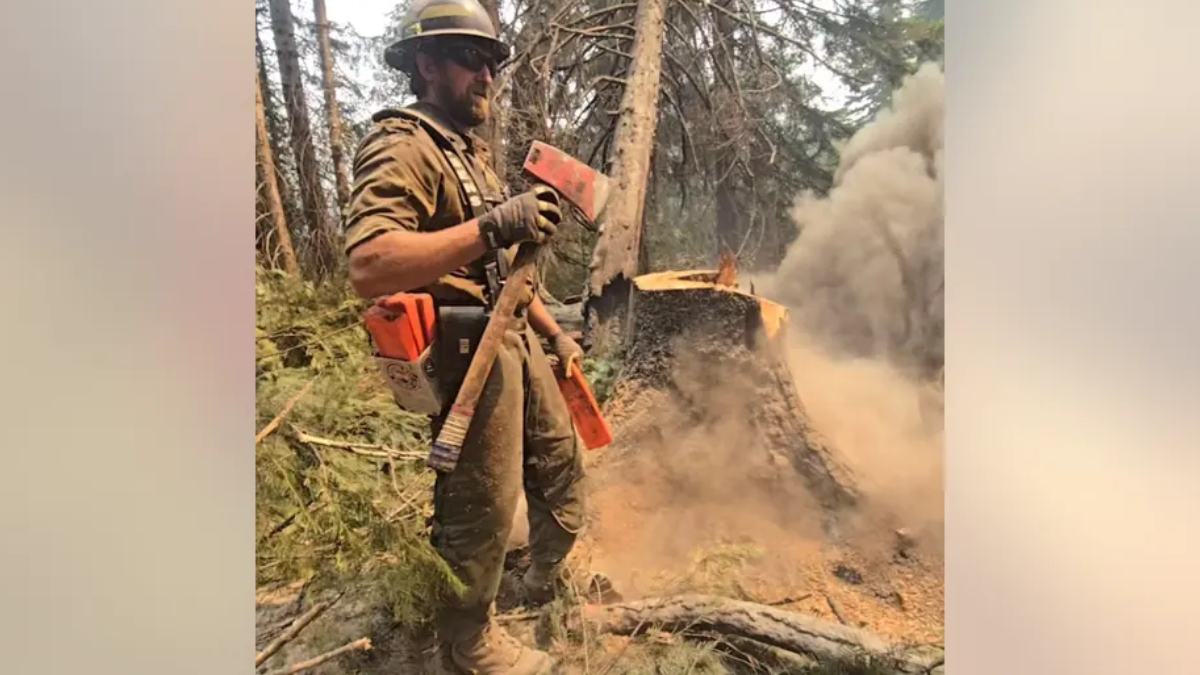 Firefighter in protective gear and helmet standing beside a smoking tree stump, holding a large axe while forest debris smolders nearby.