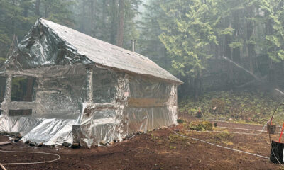 Aluminum-foil wrapped shelter in a forest clearing, with hoses running around and a sprinkler spraying mist nearby.